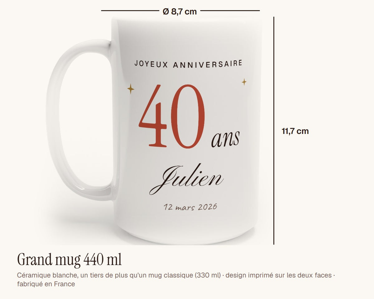 Mug personnalisé anniversaire avec l'âge et le prénom – grand mug 440 ml, 11,7 cm de haut