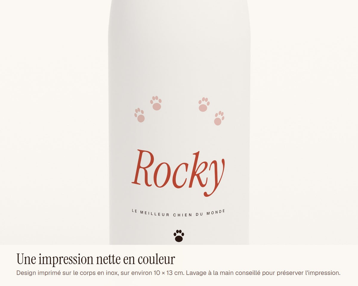 Gourde personnalisée avec le nom de votre chien – gros plan sur l'impression