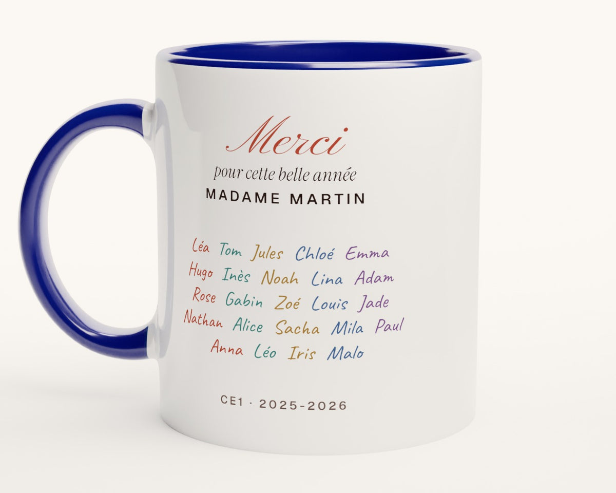 Mug « Merci » avec les prénoms de toute la classe – intérieur et anse bleus
