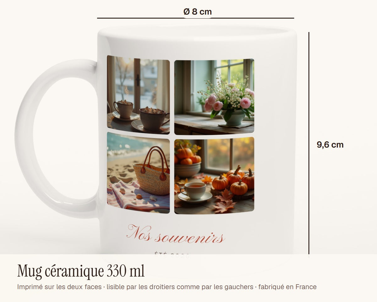 Mug collage 4 photos personnalisé – dimensions : 9,6 cm de haut, 8 cm de diamètre, 330 ml