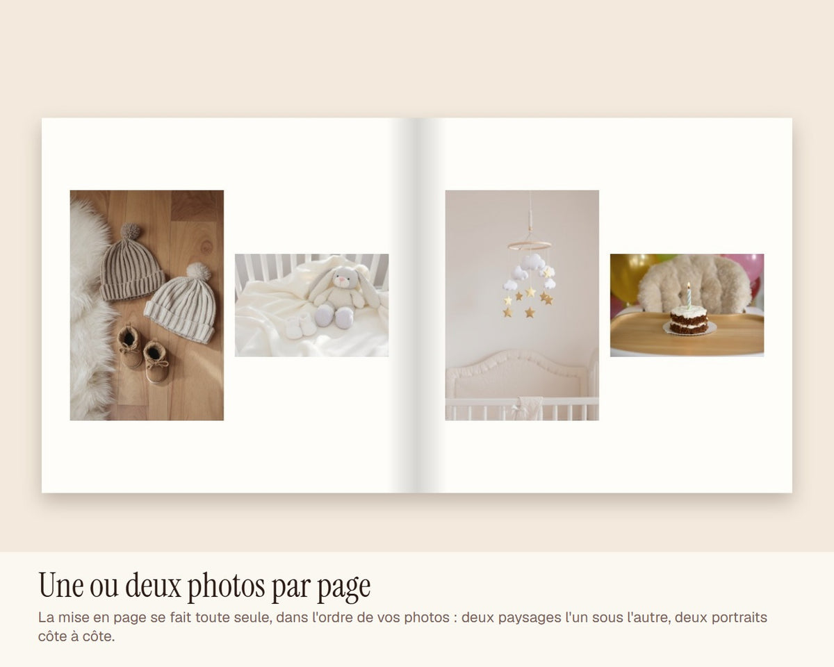 Album photo de bébé personnalisé : sa première année – une ou deux photos par page