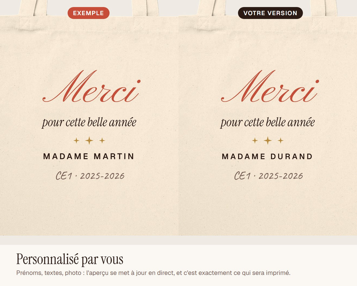 Tote bag personnalisé « Merci » pour professeur – exemple de personnalisation
