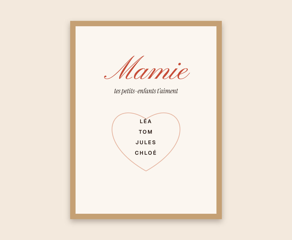 Affiche « Mamie » personnalisée avec les prénoms des petits-enfants – Affiche encadrée bois