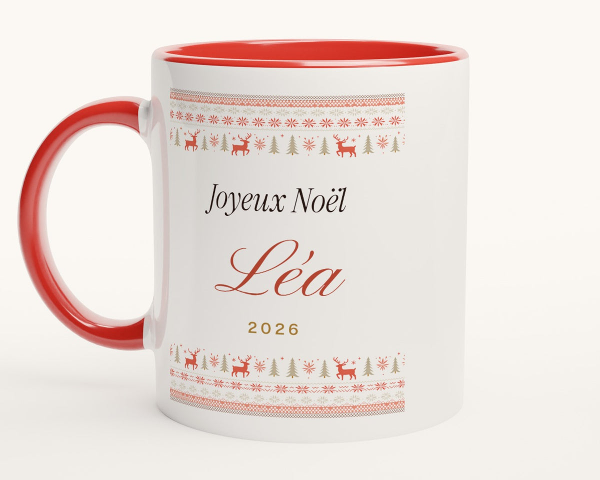 Mug « Pull de Noël » personnalisé avec prénom – intérieur et anse rouges