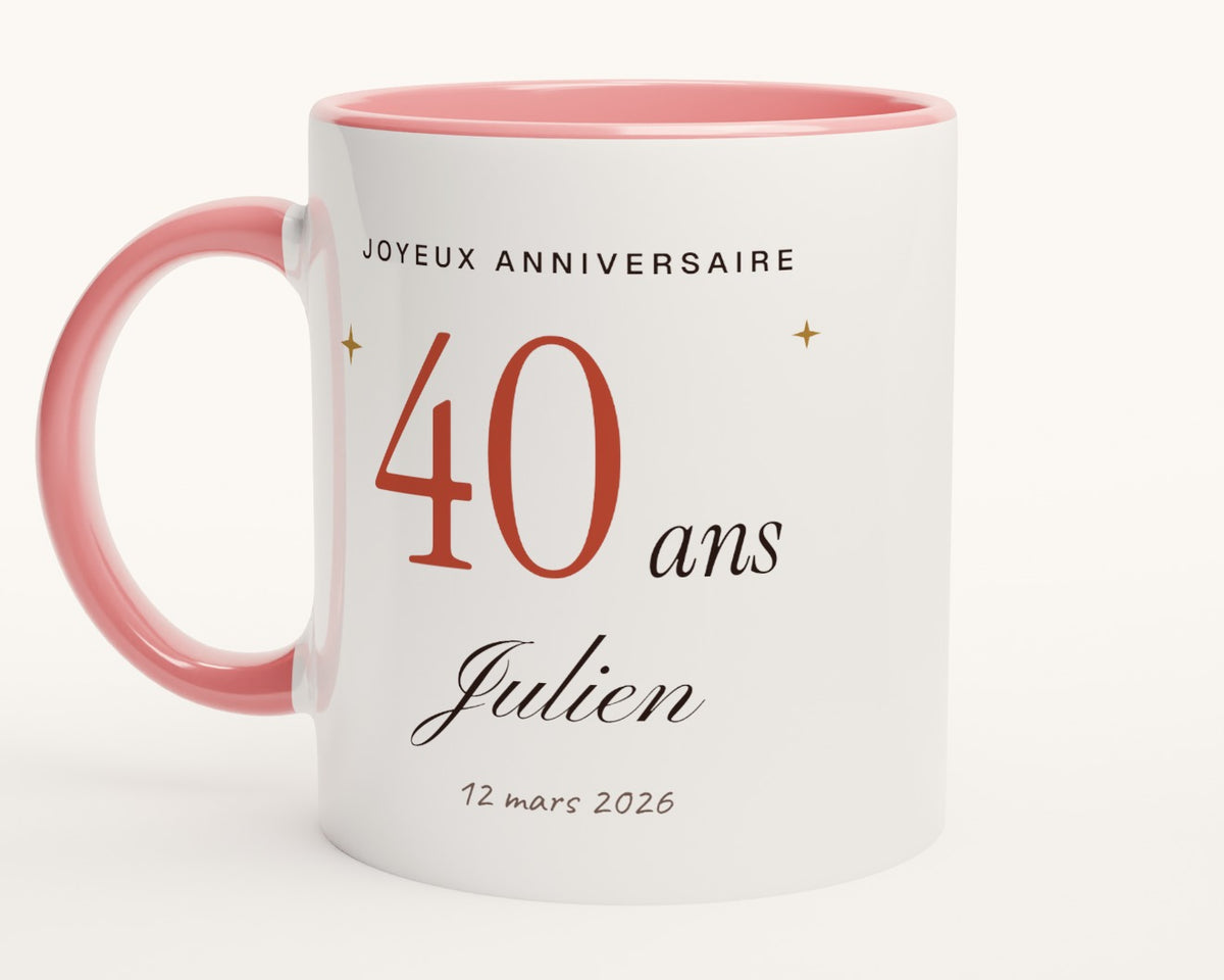 Mug personnalisé anniversaire avec l'âge et le prénom – intérieur et anse roses