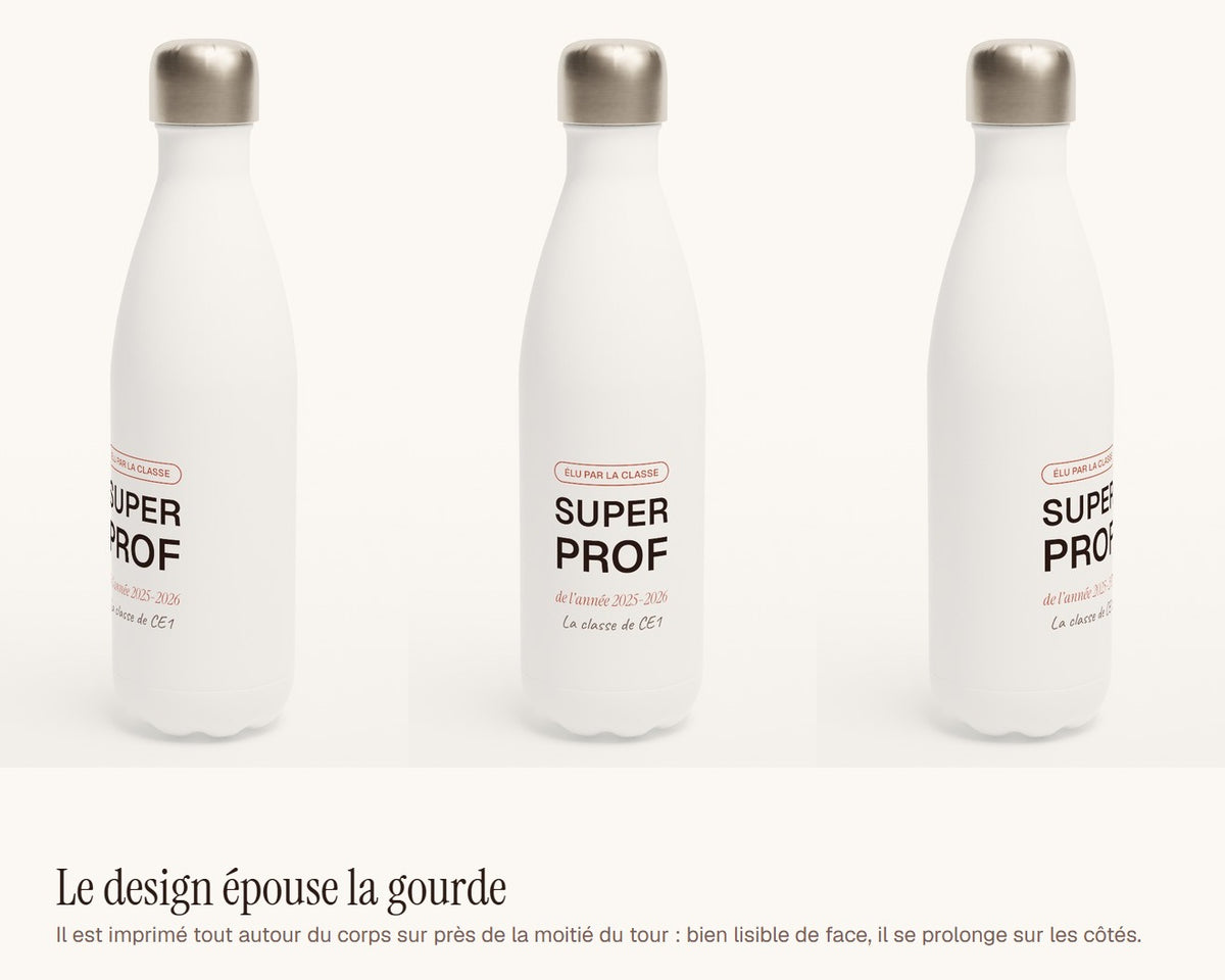 Gourde « Super prof » personnalisée – le design vu de face et de côté