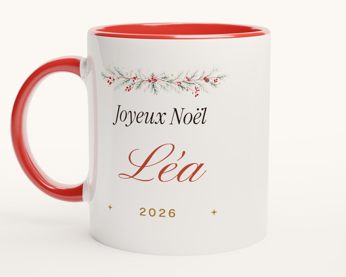 Mug de Noël personnalisé avec prénom – intérieur et anse rouges