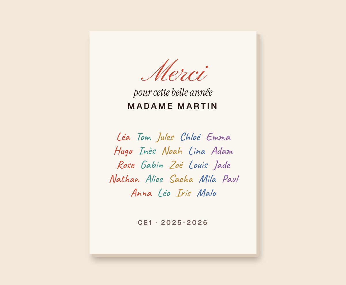 Affiche « Merci » avec les prénoms de toute la classe – Toile 30×40 cm