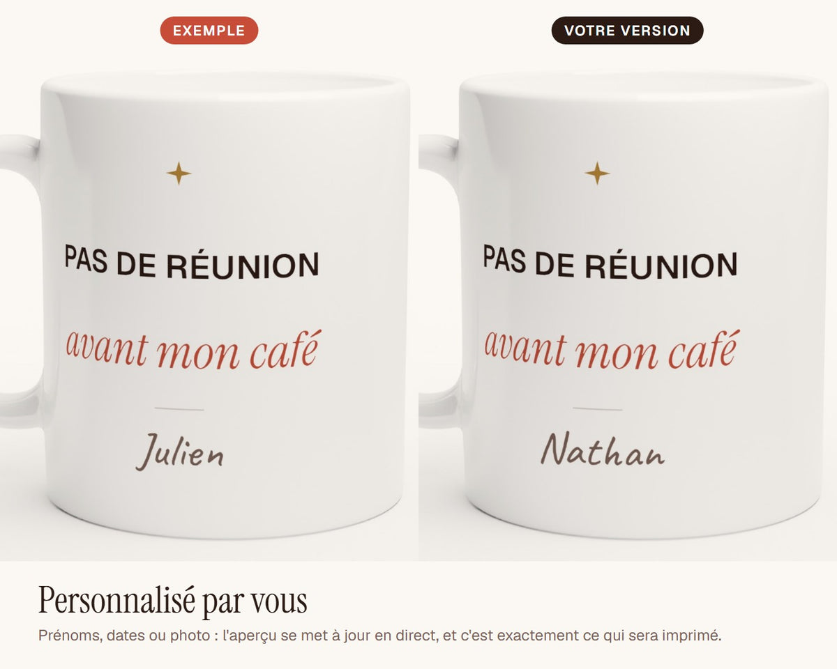 Mug humour « Pas de réunion avant mon café » personnalisé – exemple de personnalisation