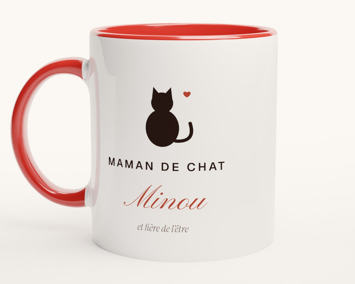 Mug « Maman de chat » personnalisé avec son nom – intérieur et anse rouges