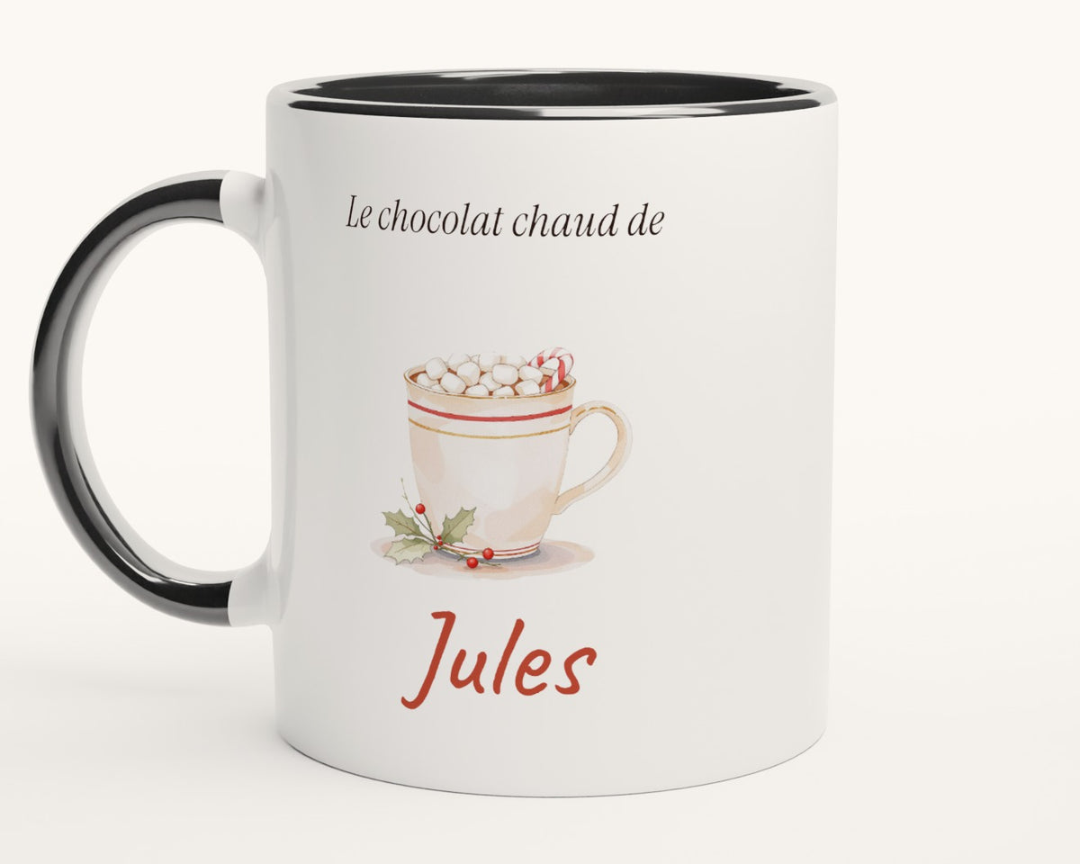 Mug enfant « Le chocolat chaud de… » personnalisé – intérieur et anse noirs