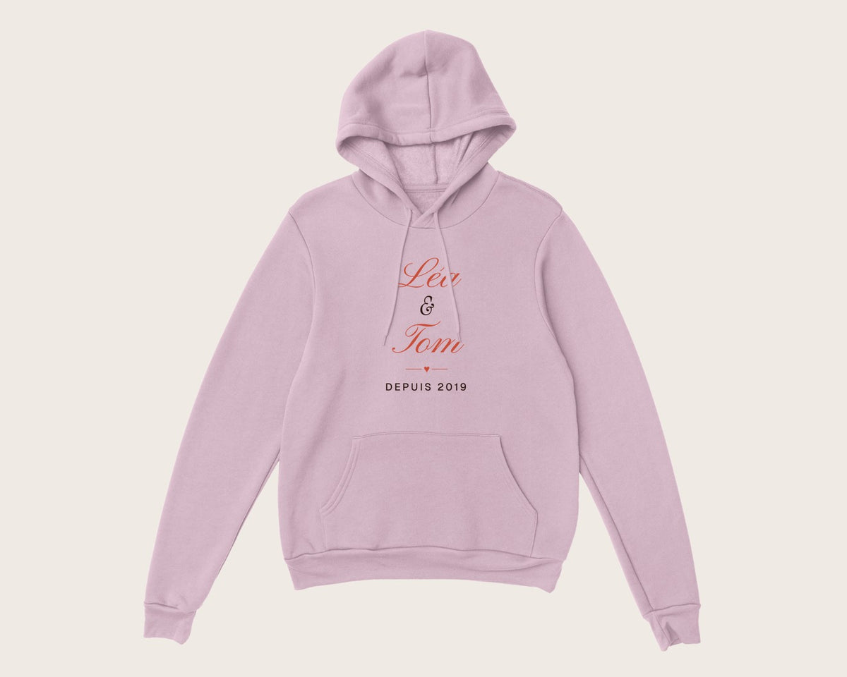 Sweat couple personnalisé avec vos prénoms – sweat à capuche rose clair