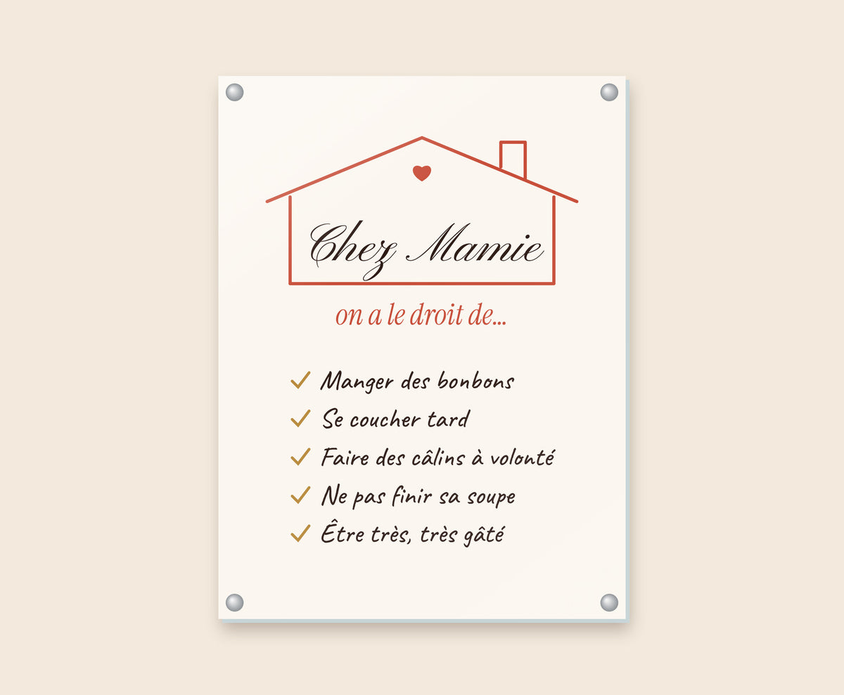 Affiche « Chez Mamie, on a le droit de… » personnalisée – Tableau plexi 30×40 cm