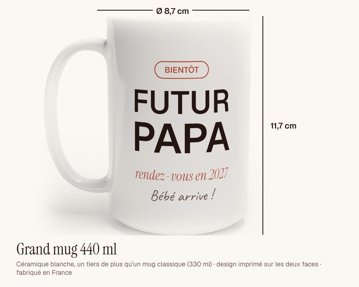 Mug personnalisé « Futur papa » annonce de grossesse – grand mug 440 ml, 11,7 cm de haut