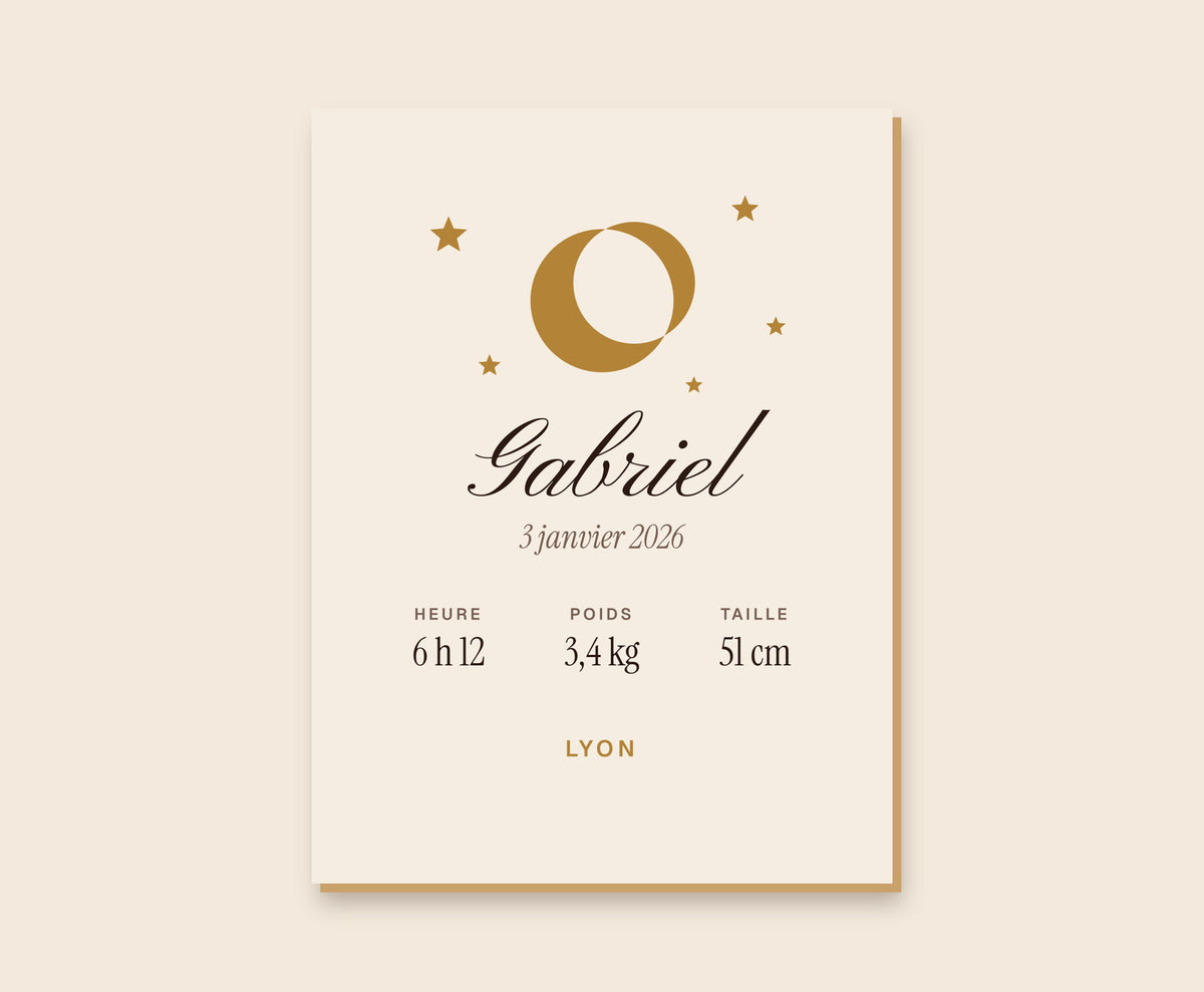 Affiche de naissance « lune et étoiles » personnalisée – Tableau bois 30×40 cm