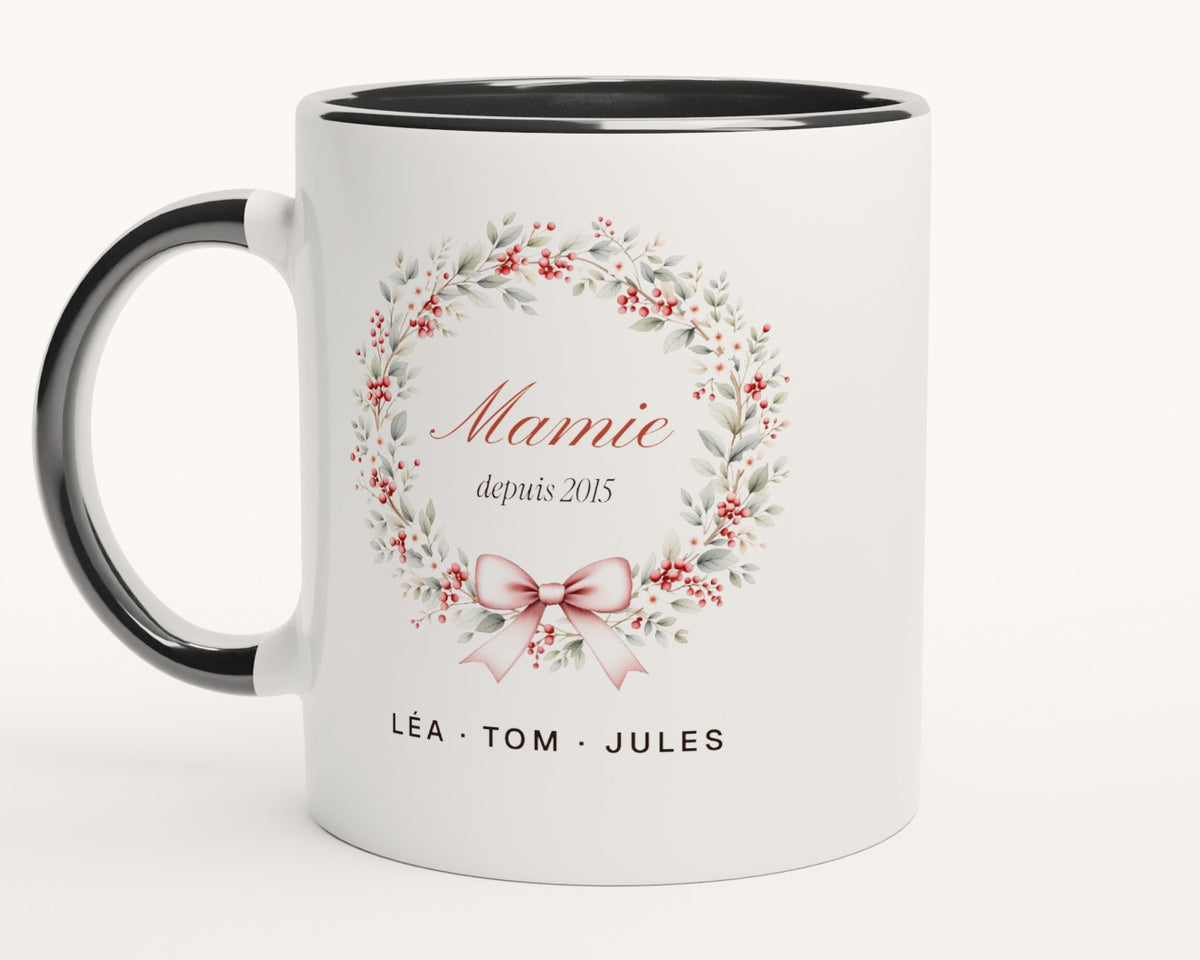 Mug « Mamie » couronne de feuillage personnalisé – intérieur et anse noirs