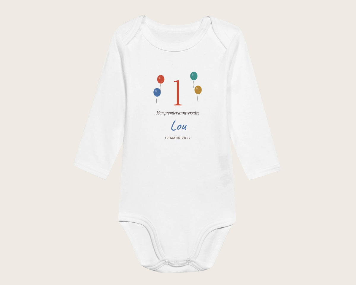 Body « Mon premier anniversaire » personnalisé – body manches longues blanc