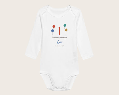 Body « Mon premier anniversaire » personnalisé – body manches longues blanc