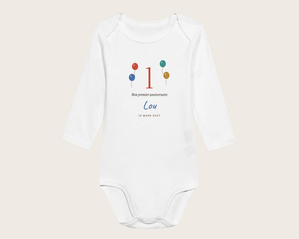 Body « Mon premier anniversaire » personnalisé – body manches longues blanc
