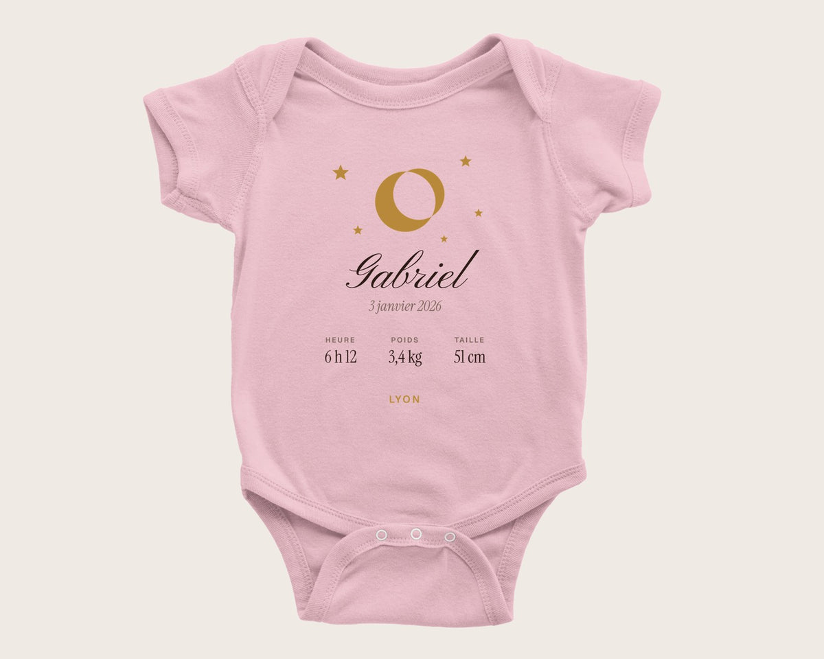 Body bébé personnalisé prénom, date et mensurations – body manches courtes rose