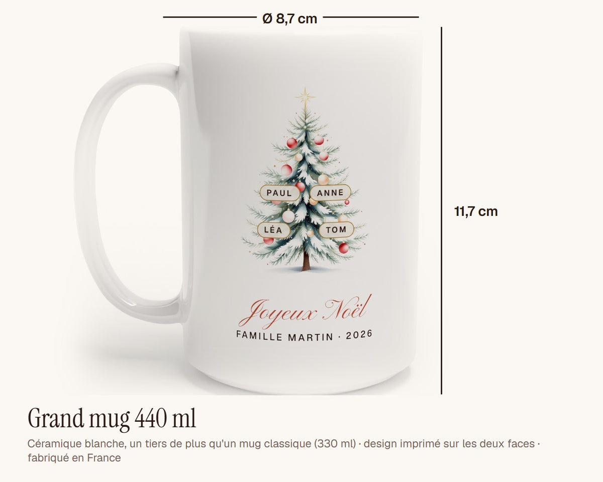 Mug sapin de Noël personnalisé avec les prénoms de la famille – grand mug 440 ml, 11,7 cm de haut