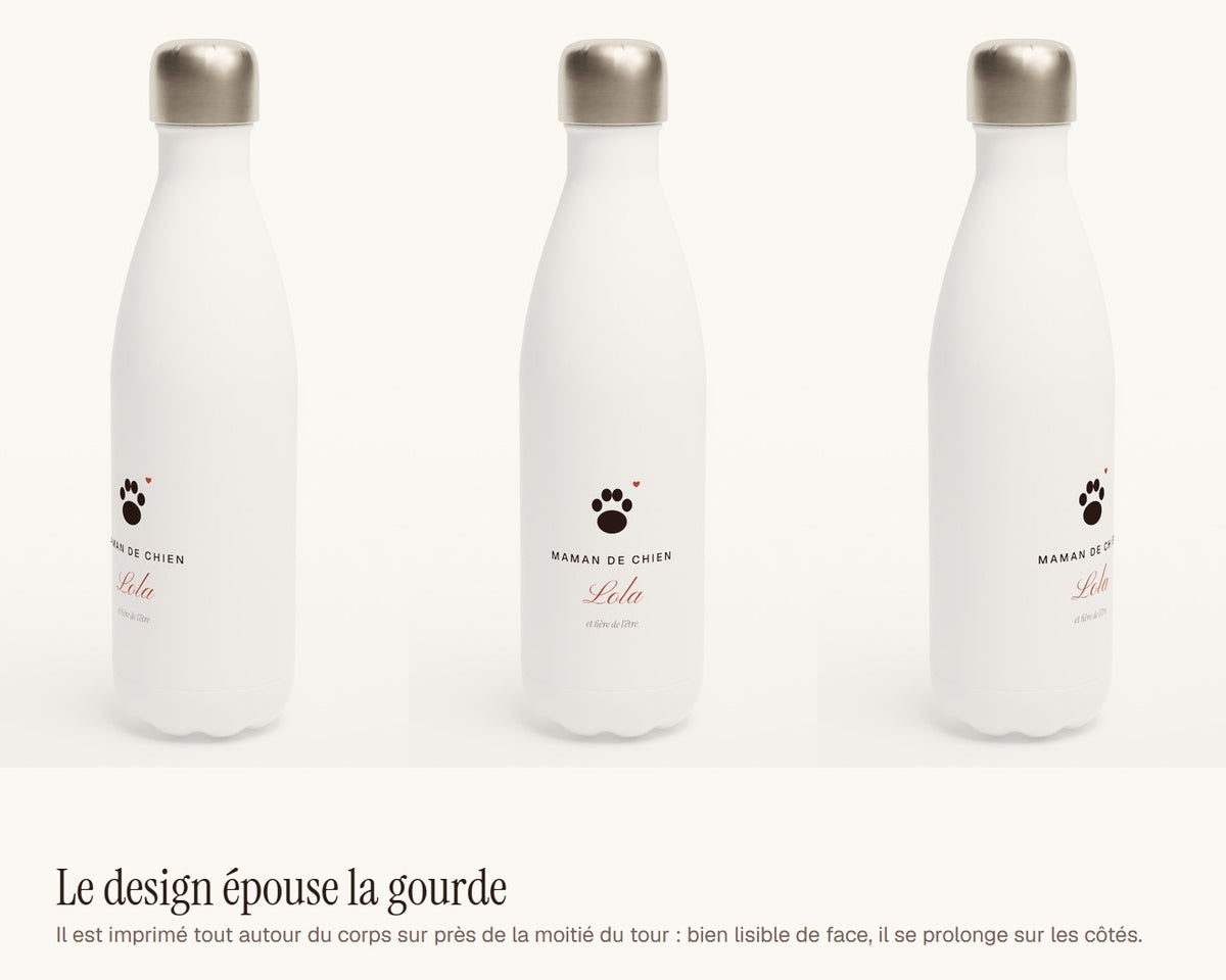 Gourde « Maman de chien » personnalisée – le design vu de face et de côté