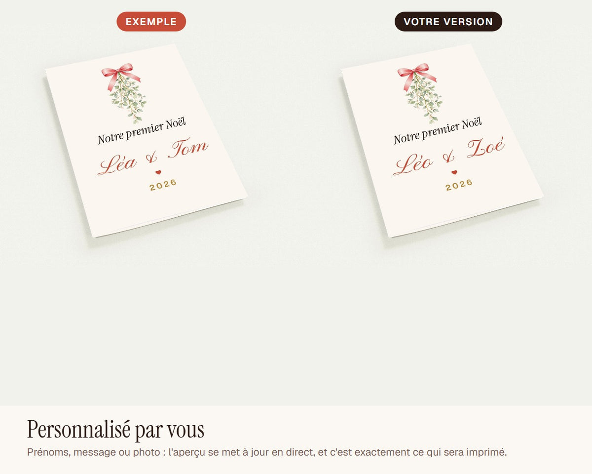 Carte de Noël couple sous le gui personnalisée (lot de 10) – exemple de personnalisation