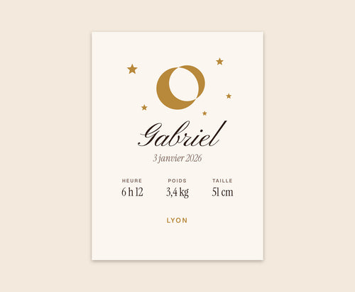 Affiche de naissance « lune et étoiles » personnalisée – Affiche 30×40 cm