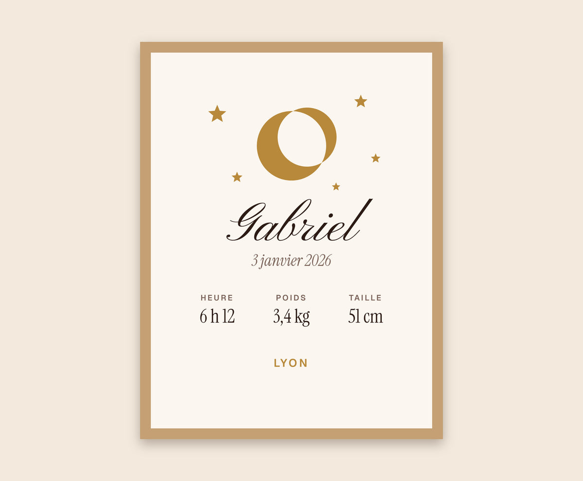 Affiche de naissance « lune et étoiles » personnalisée – Affiche encadrée bois