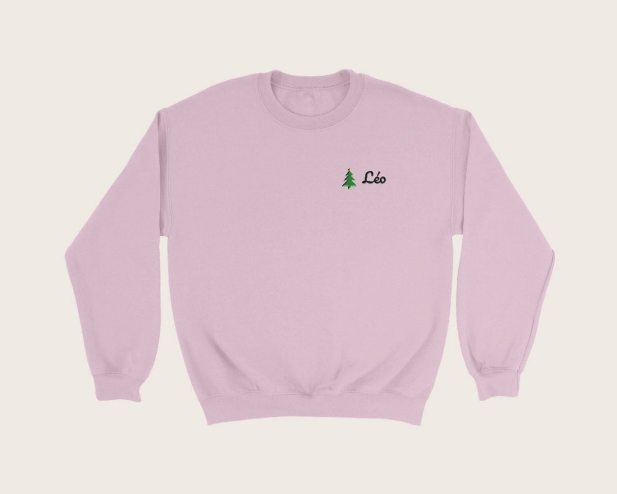 Sweat de Noël brodé avec prénom – sweat col rond rose clair