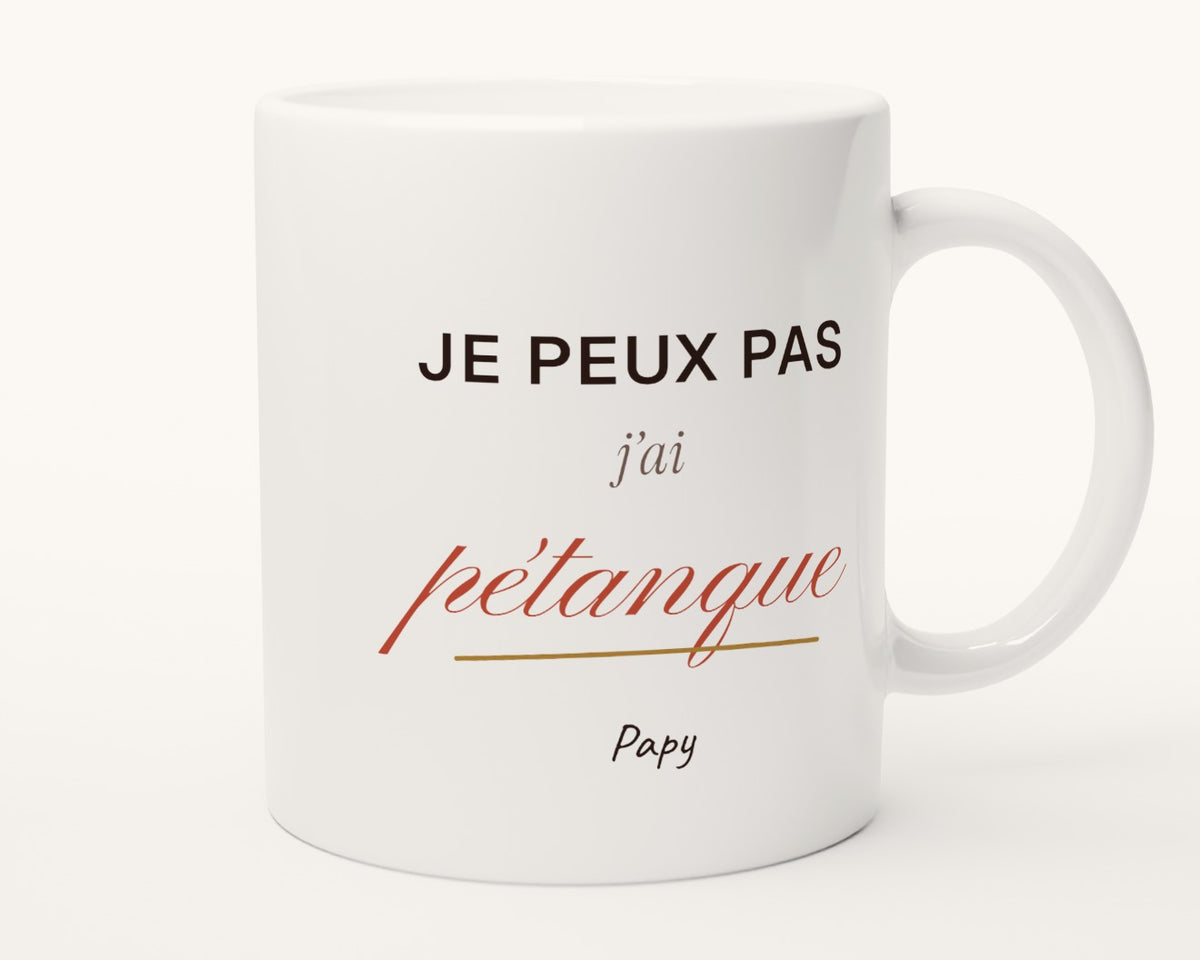 Mug humour « Je peux pas, j'ai pétanque » personnalisé – autre face, anse à droite
