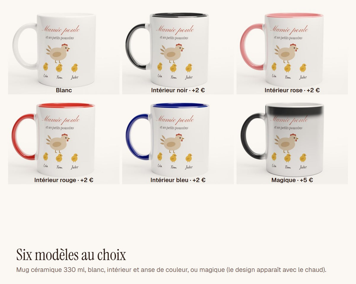 Mug « Mamie poule » personnalisé avec les prénoms des poussins – les six modèles de mug