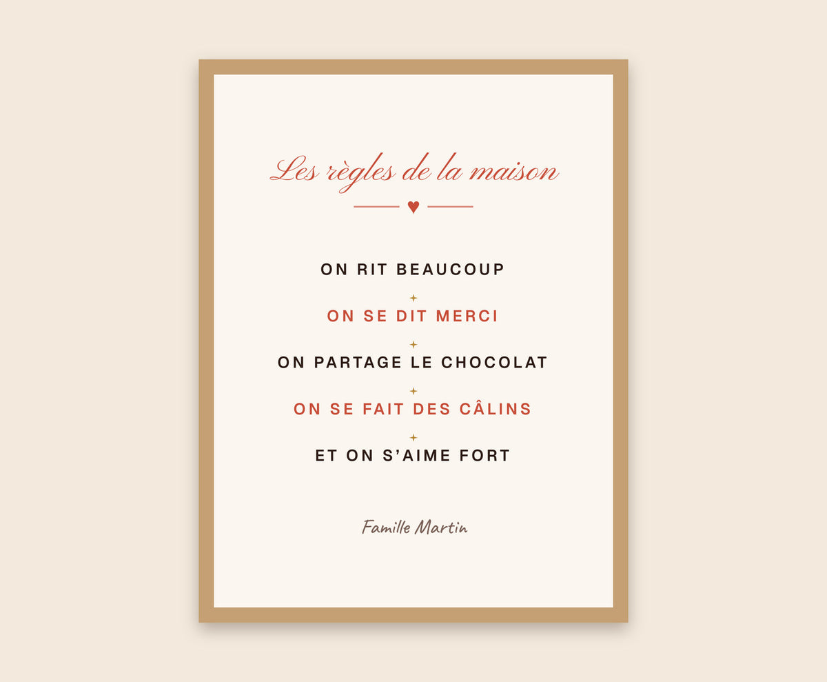 Affiche « Les règles de la maison » personnalisée – Affiche encadrée bois