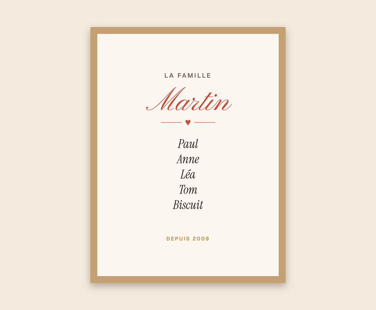 Affiche famille personnalisée avec tous les prénoms – Affiche encadrée bois
