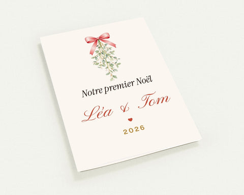Carte de Noël couple sous le gui personnalisée (lot de 10) – carte pliée A6