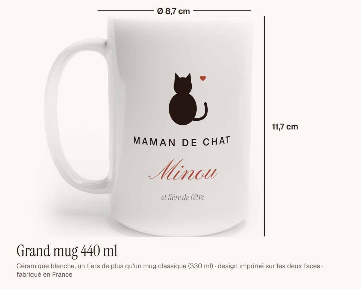 Mug « Maman de chat » personnalisé avec son nom – grand mug 440 ml, 11,7 cm de haut