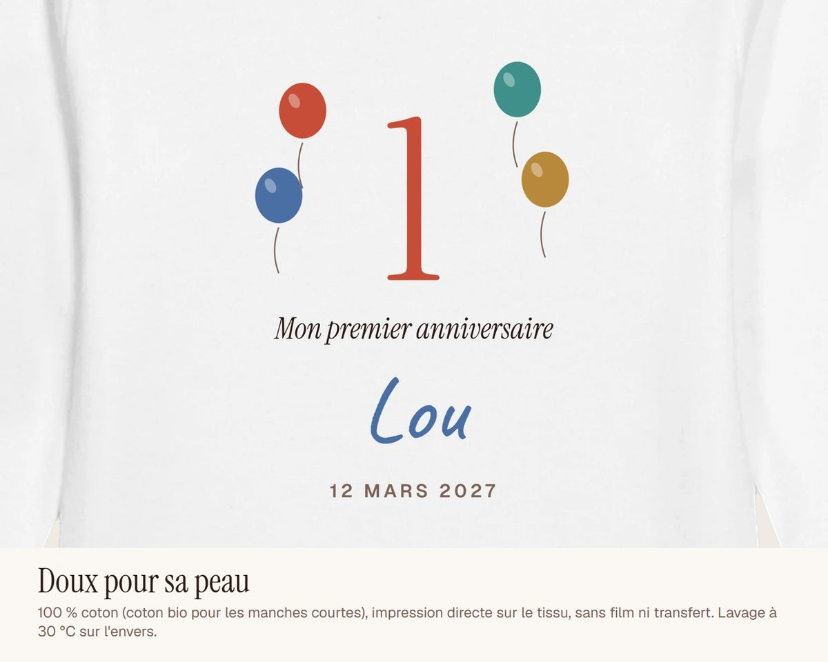 Body « Mon premier anniversaire » personnalisé – gros plan sur l'impression