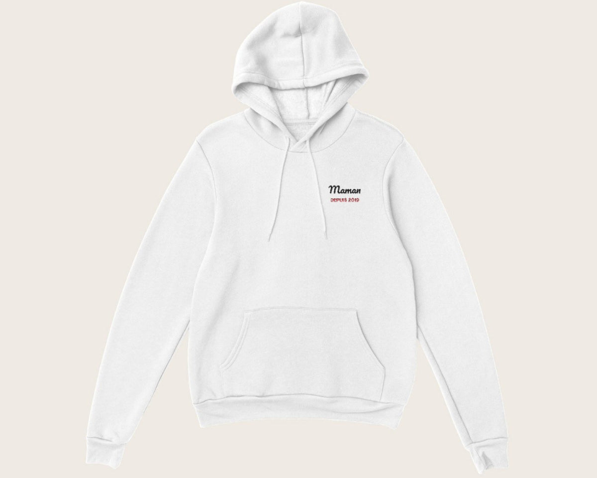 Sweat brodé « Maman depuis… » personnalisé, version sweat à capuche