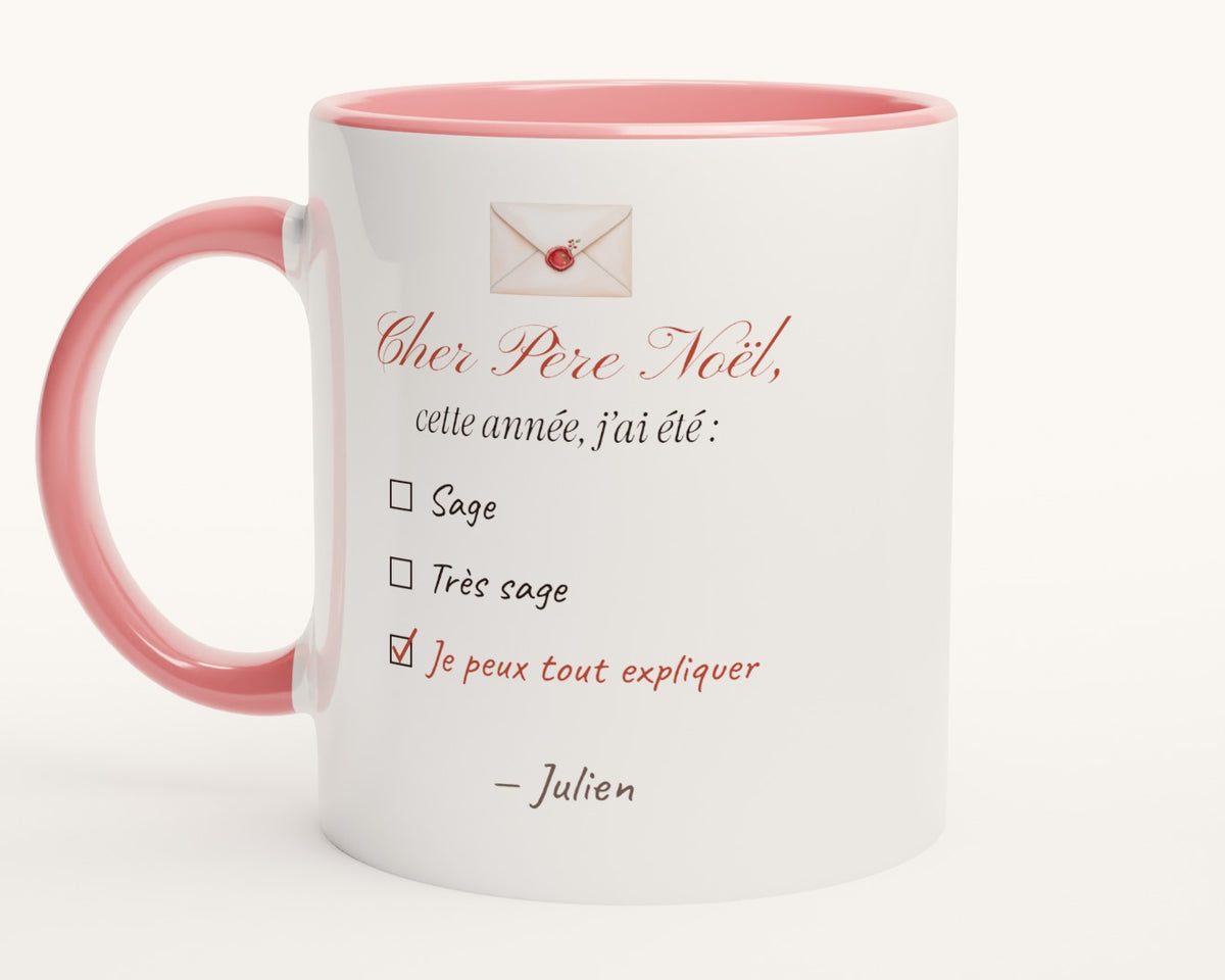 Mug humour « Cher Père Noël, cette année j'ai été… » personnalisé – intérieur et anse roses