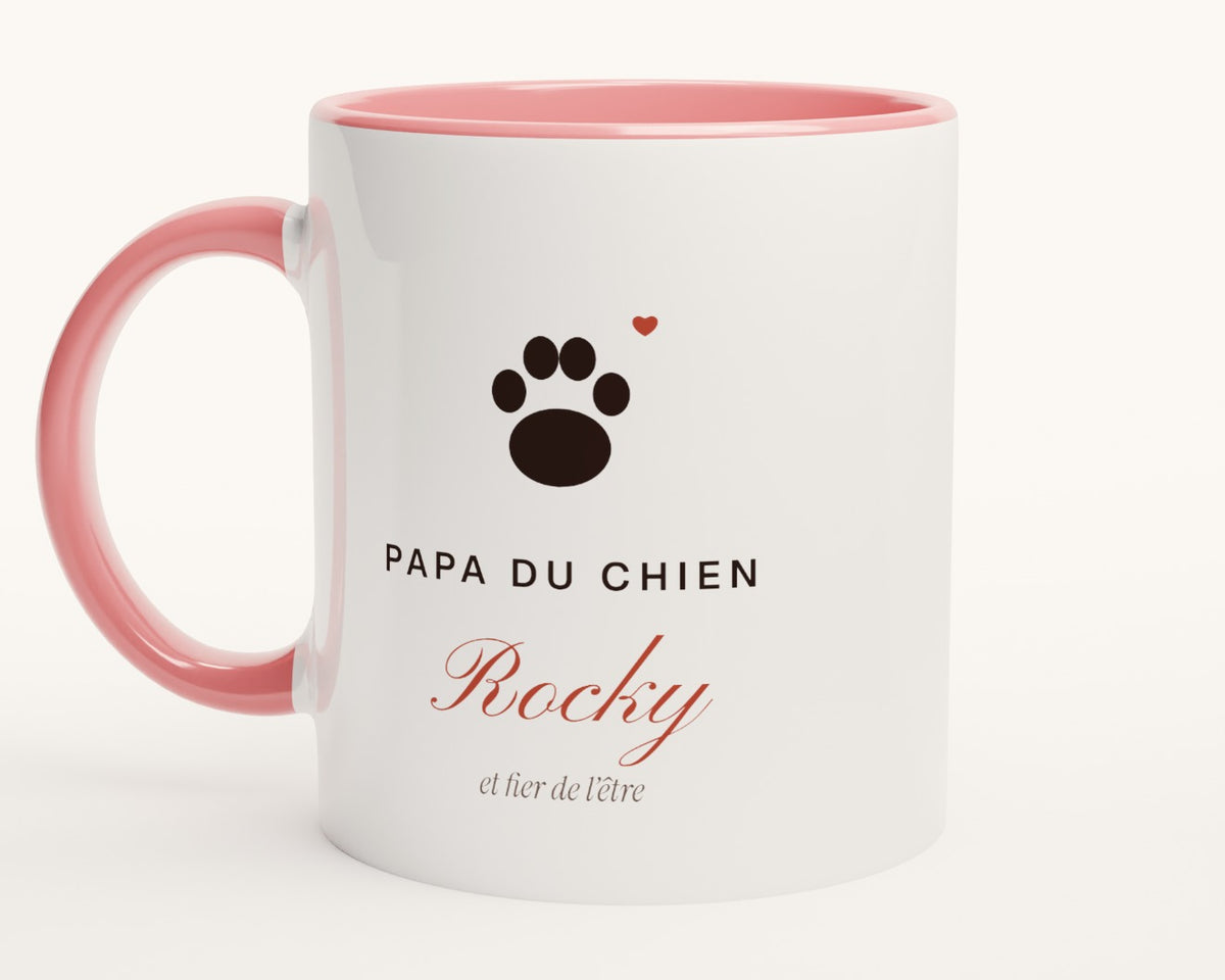 Mug « Papa du chien » personnalisé avec son nom – intérieur et anse roses