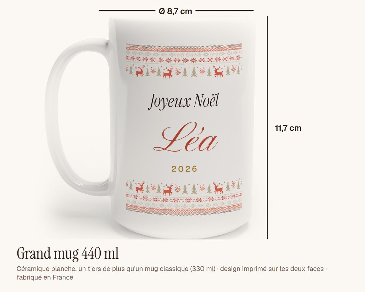 Mug « Pull de Noël » personnalisé avec prénom – grand mug 440 ml, 11,7 cm de haut