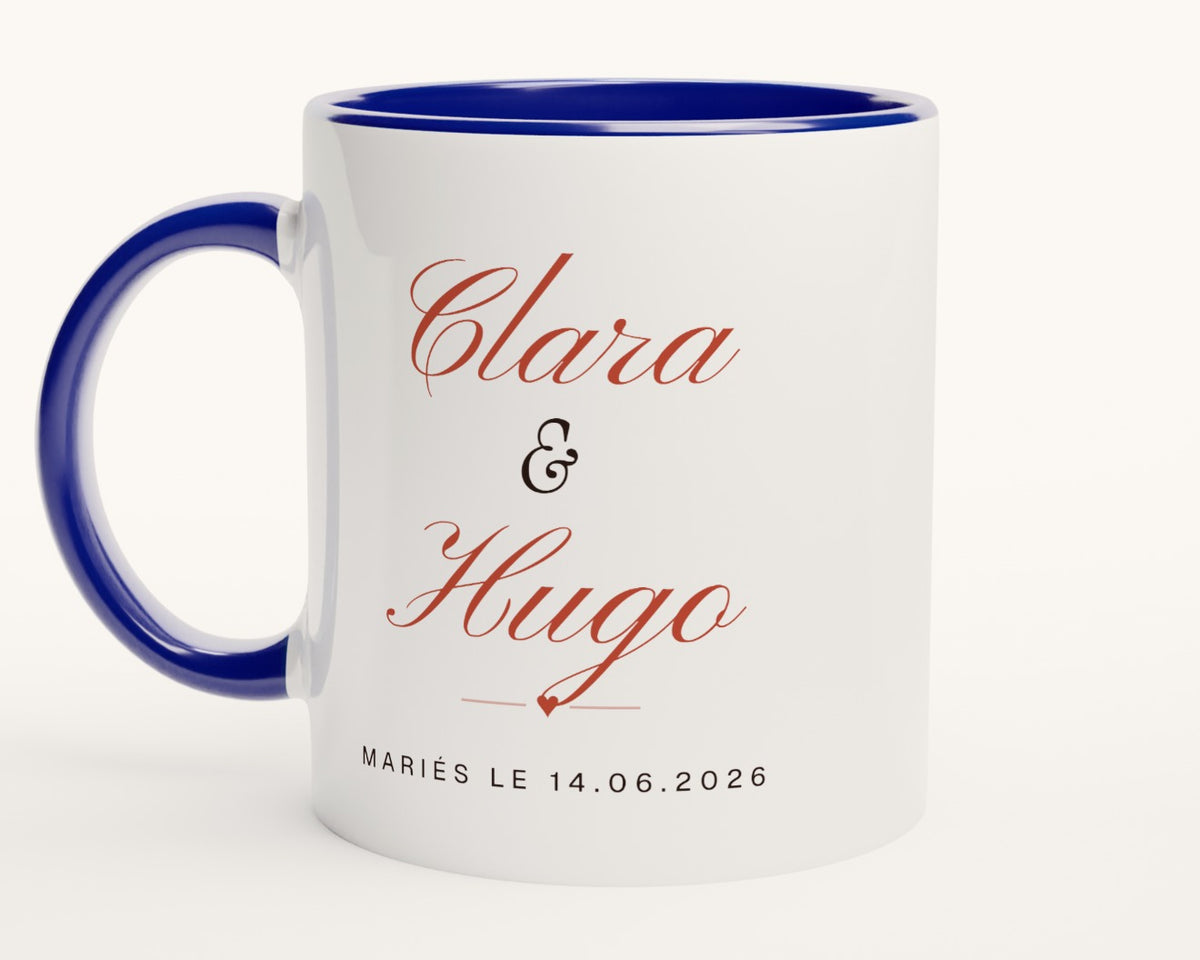 Mug personnalisé mariage avec la date – intérieur et anse bleus