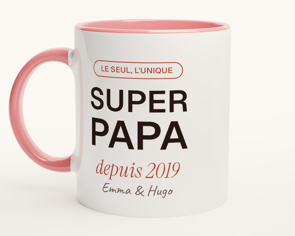 Mug personnalisé « Super Papa » avec l'année et les prénoms – intérieur et anse roses