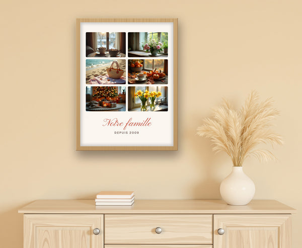 Affiche collage 6 photos personnalisée pour la famille – mise en situation, encadrée au mur