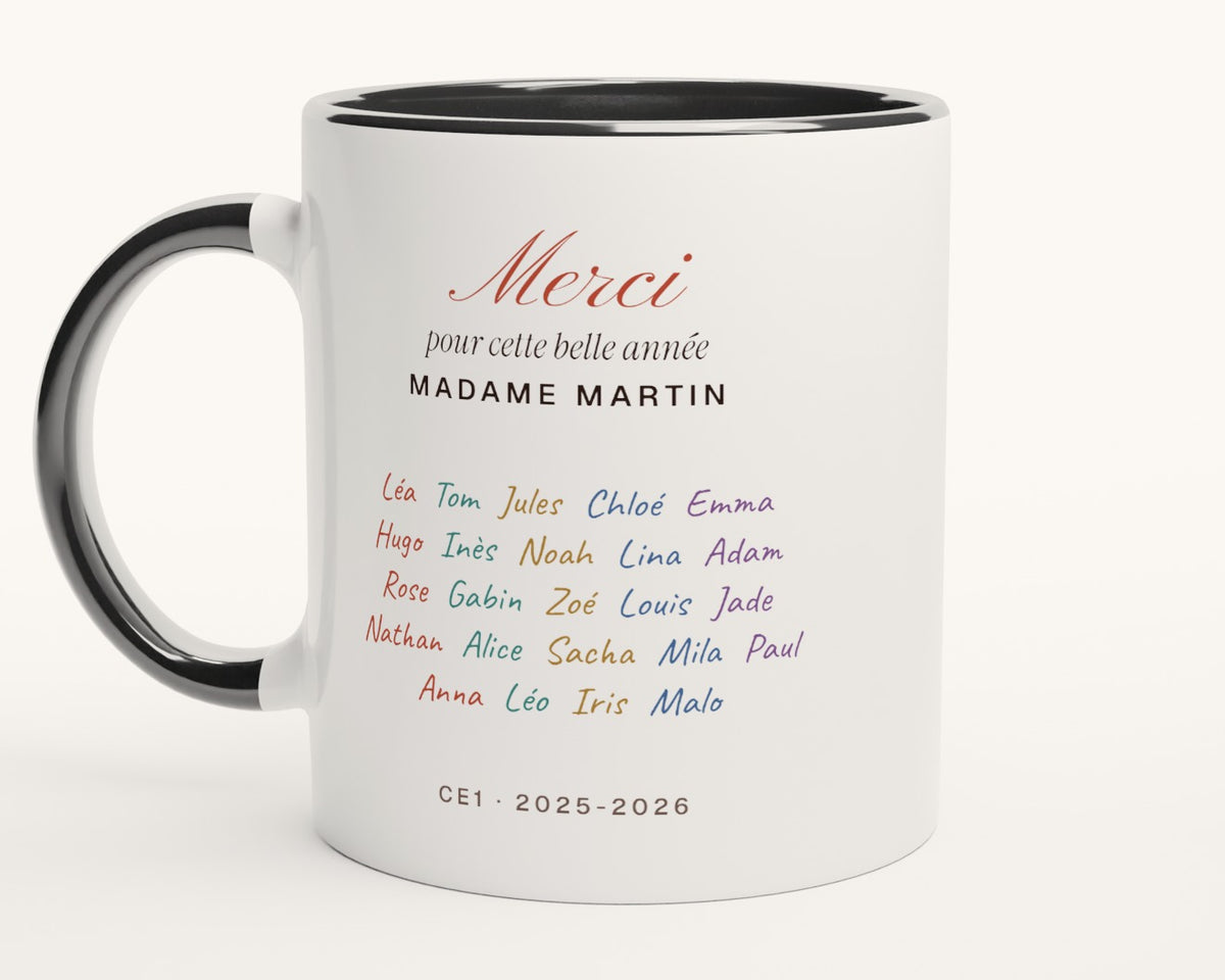 Mug « Merci » avec les prénoms de toute la classe – intérieur et anse noirs