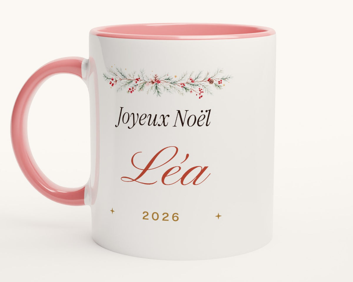 Mug de Noël personnalisé avec prénom – intérieur et anse roses