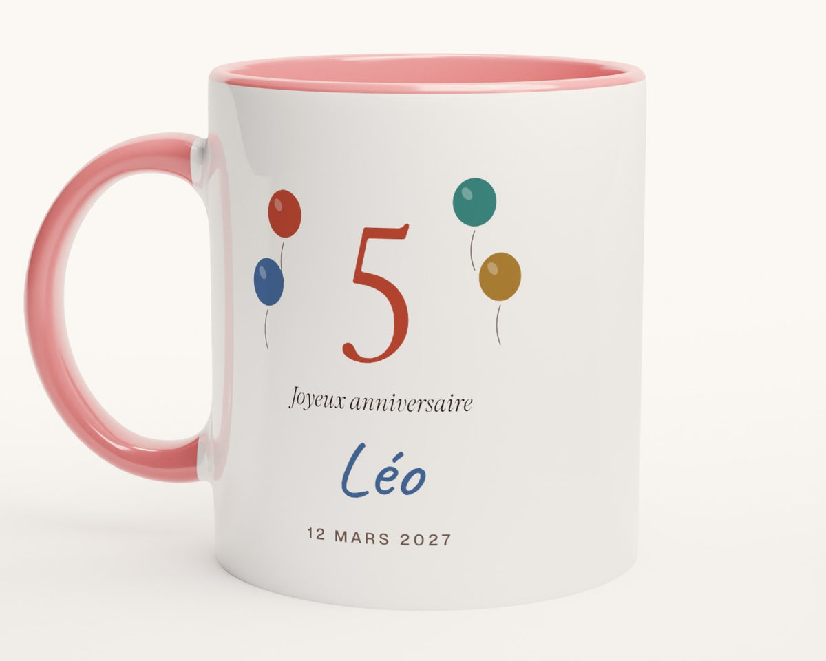 Mug anniversaire enfant personnalisé avec son âge – intérieur et anse roses