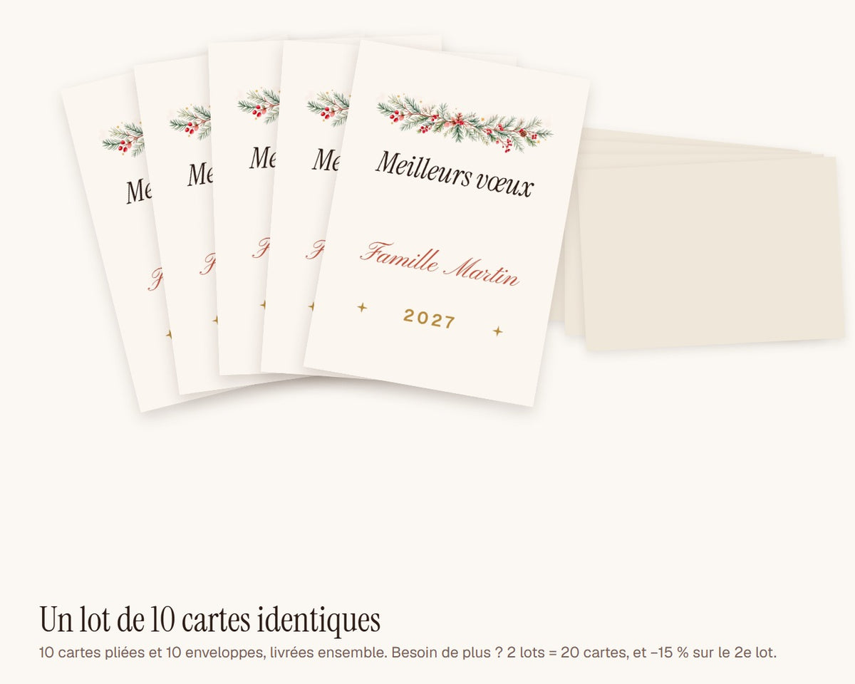 Carte « Meilleurs vœux 2027 » personnalisée (lot de 10) – lot de 10 cartes et enveloppes