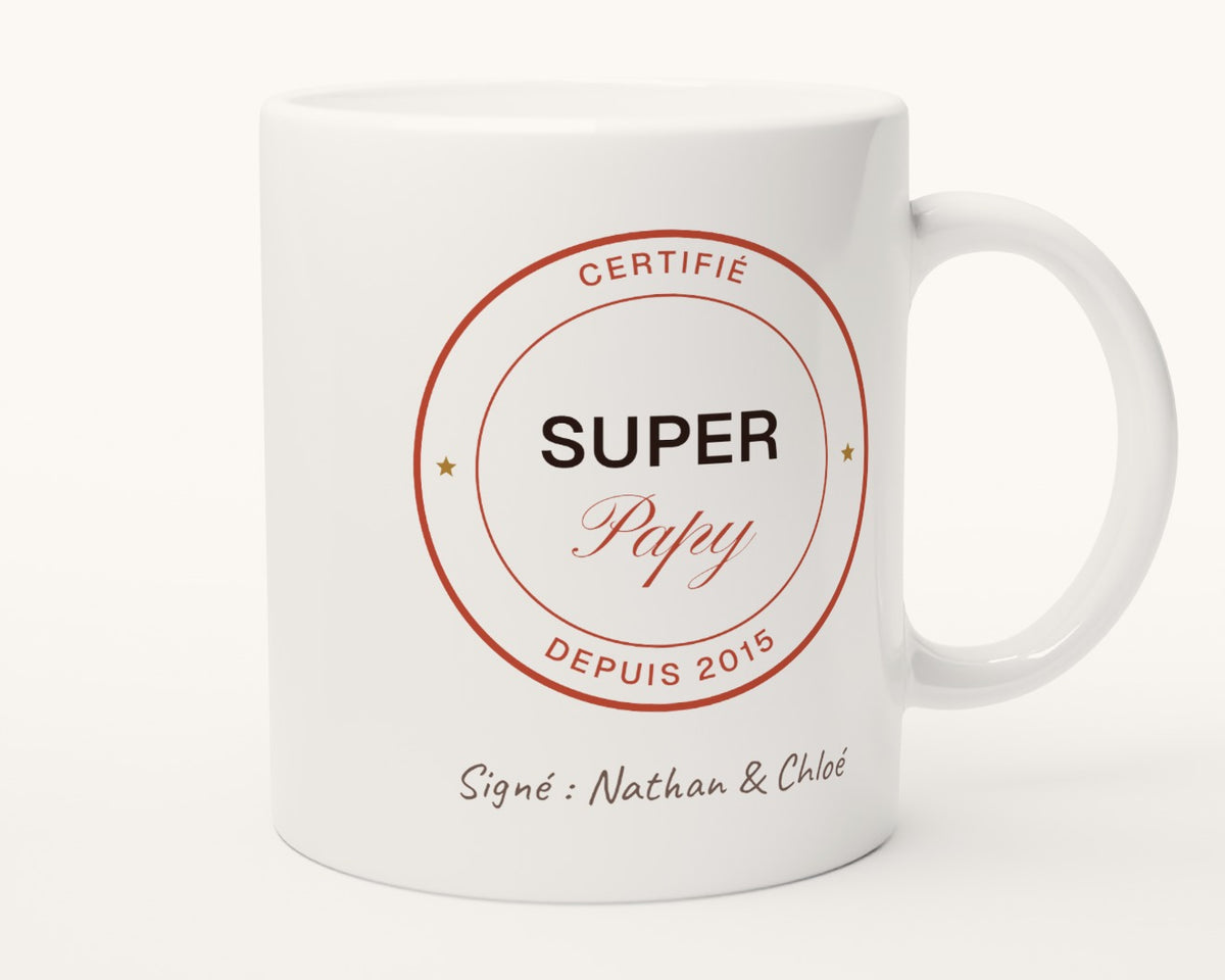 Mug « Super Papy certifié » personnalisé – autre face, anse à droite