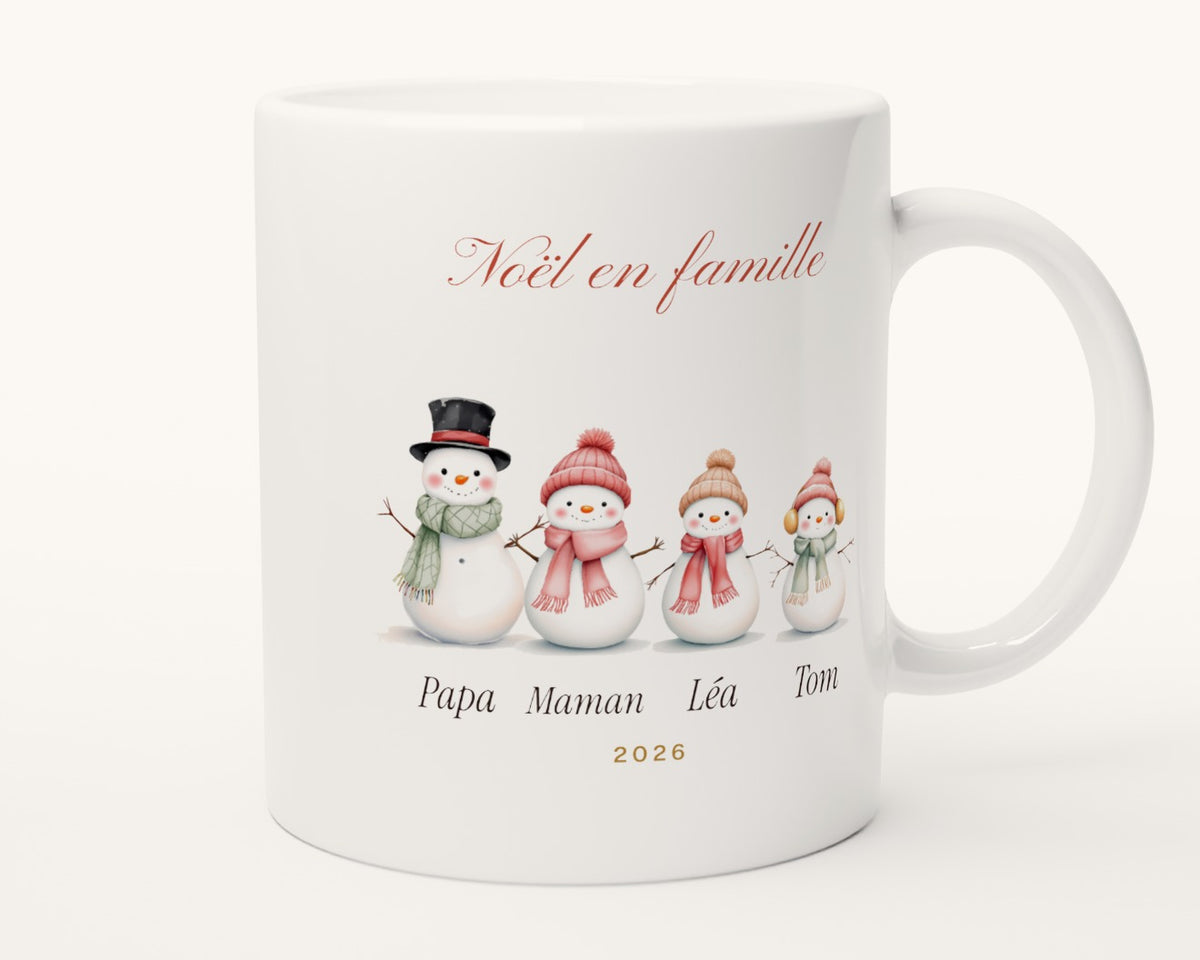 Mug bonshommes de neige de la famille personnalisé – autre face, anse à droite